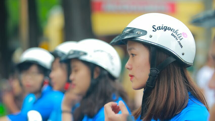 female drivers with saigon kiss tours helmets