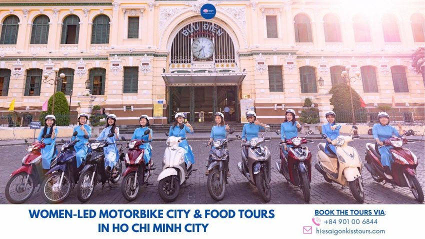 Motorbike and Female Drivers in Blue Ao Dai Dress